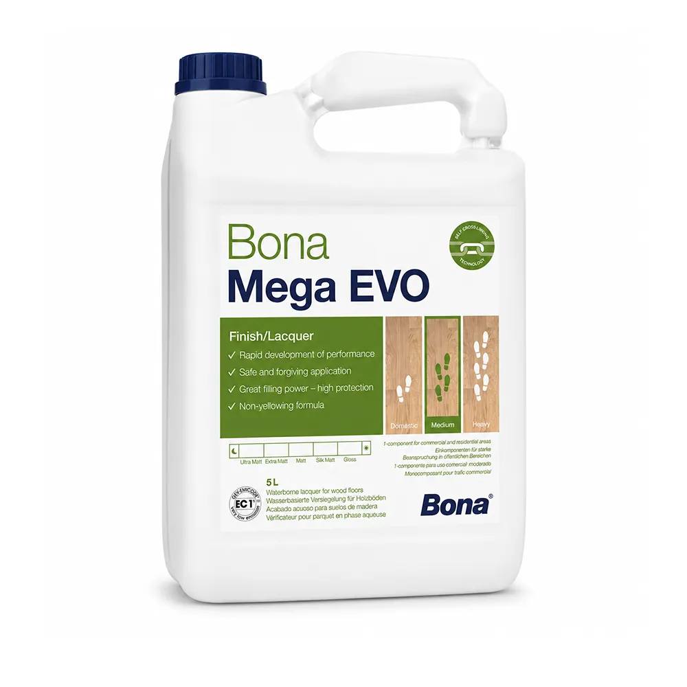 Bona Mega EVO lac pentru parchet cu tehnologie de auto-reticulare, întărire rapidă și proprietăți non-îngălbenire, 5L