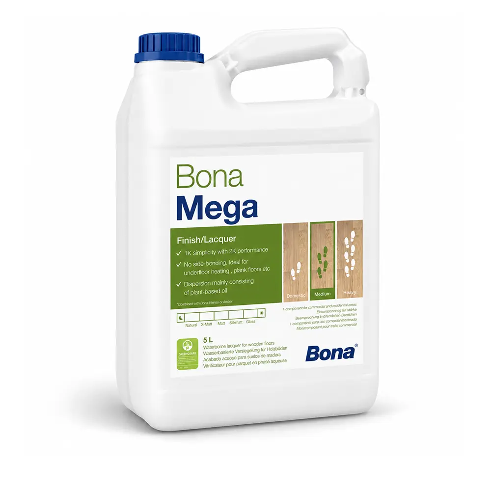 Bona Mega lac monocomponent pentru parchet cu tehnologie de reticulare prin oxigen și rezistență ridicată la uzură, 5L