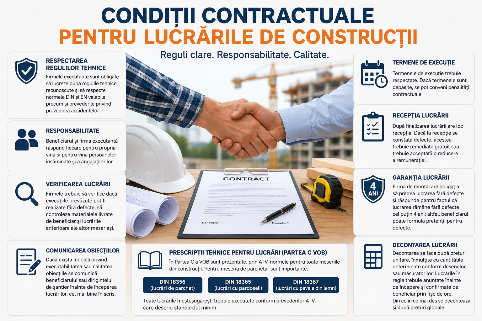 Infografic despre condiții contractuale pentru lucrările de construcții, cu responsabilități, reguli tehnice, termene de execuție, recepția lucrării, garanția și decontarea lucrării.
