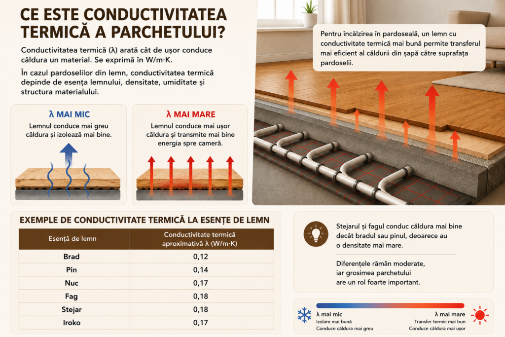 Infografic despre conductivitatea termică a parchetului și transferul căldurii prin pardoselile din lemn montate peste încălzire în pardoseală.