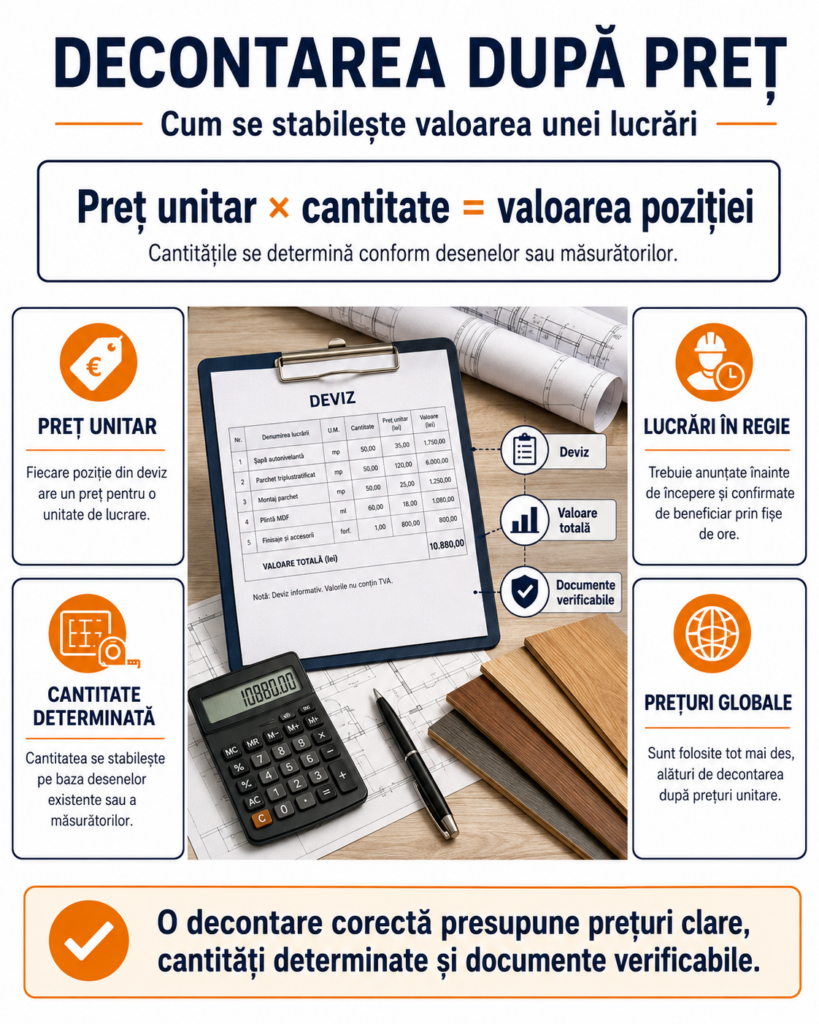 Infografic despre decontarea după preț, cu preț unitar, cantitate determinată, lucrări în regie și prețuri globale.