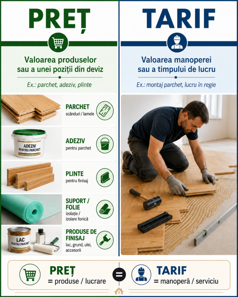 Infografic despre diferența dintre preț și tarif în lucrările de parchet, cu produse în partea de preț și montaj de parchet în partea de tarif.