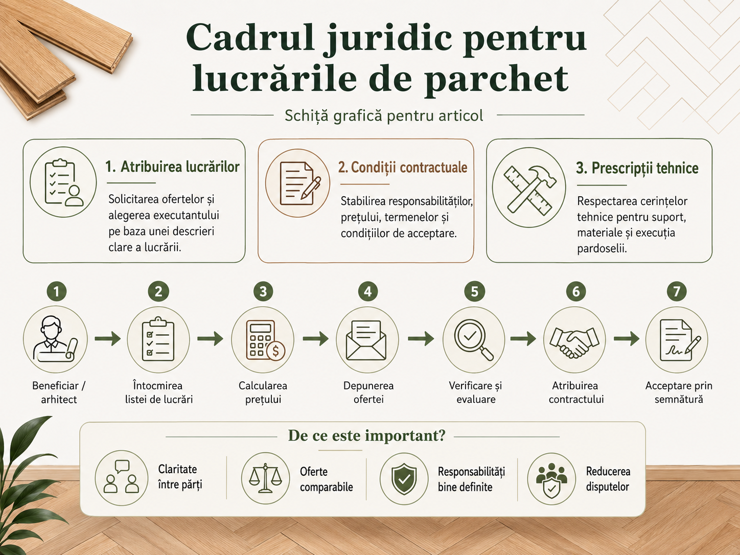 Infografic despre cadrul juridic pentru lucrările de parchet, cu etapele de ofertare, evaluare, atribuire a contractului și acceptare prin semnătură.