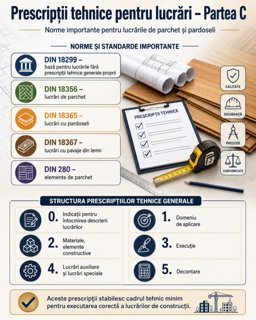 Infografic despre prescripții tehnice Partea C, cu norme DIN pentru lucrări de parchet, pardoseli și pavaje din lemn.