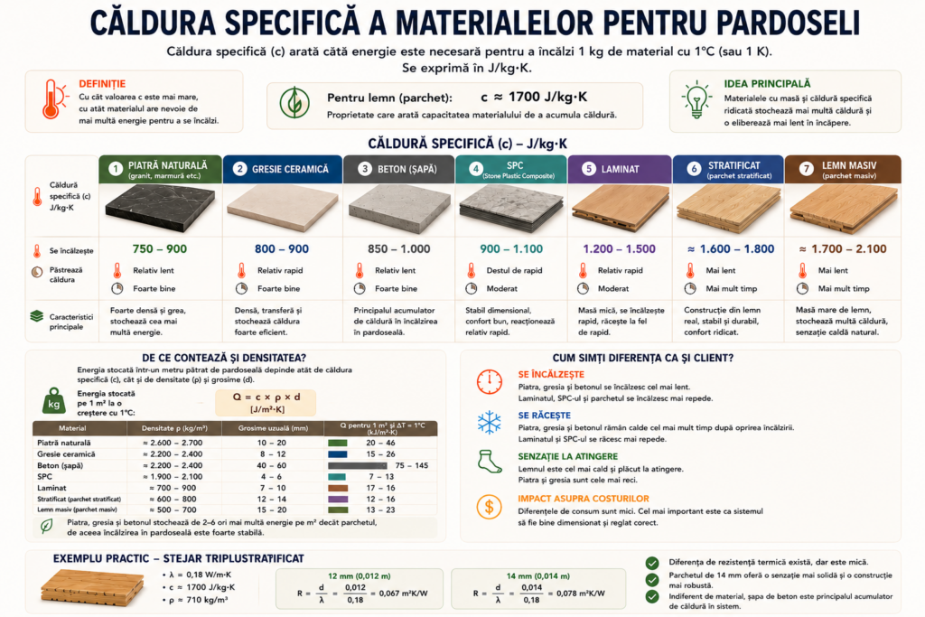 Infografic despre căldura specifică a parchetului și a materialelor pentru pardoseli, cu exemple pentru lemn, stratificat, laminat, SPC, gresie, piatră naturală și beton.