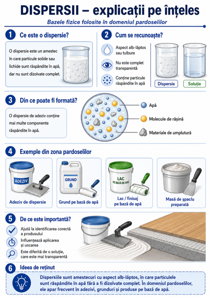 Infografic educativ despre dispersii în domeniul pardoselilor, cu explicații despre particulele răspândite în apă, aspectul alb-lăptos și exemple precum adeziv de dispersie, grund pe bază de apă, lac pe bază de apă și masă de șpaclu preparată