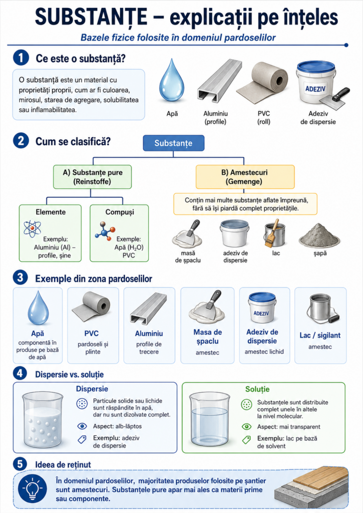 Infografic educativ despre substanțe, substanțe pure și amestecuri, cu exemple din domeniul pardoselilor precum apă, aluminiu, PVC, adeziv de dispersie, masă de șpaclu și lac.