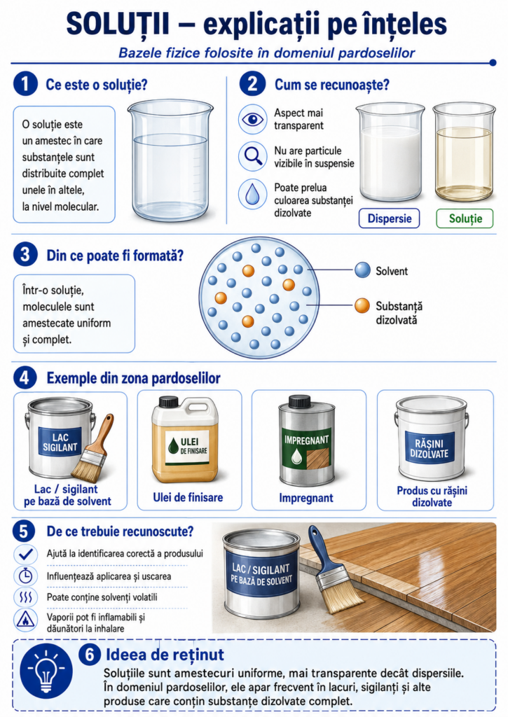 Infografic educativ despre soluții în domeniul pardoselilor, cu explicații despre amestecuri uniforme, aspect transparent și exemple precum lacuri pe bază de solvent, sigilanți, uleiuri de finisare și produse de impregnare.
