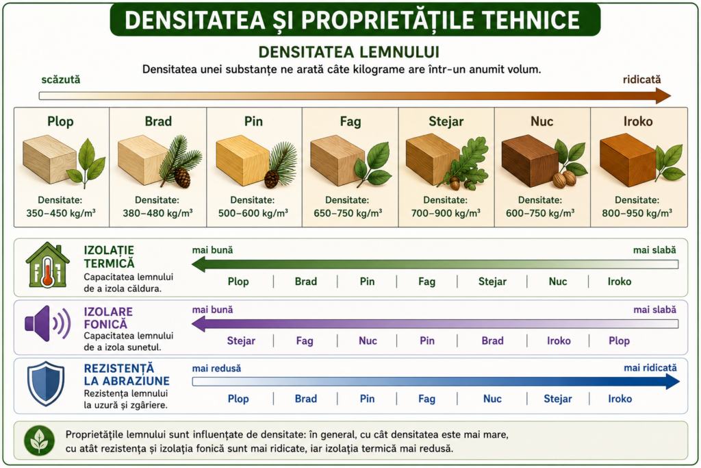 Infografic despre densitatea lemnului și influența acesteia asupra proprietăților tehnice ale pardoselilor din lemn.