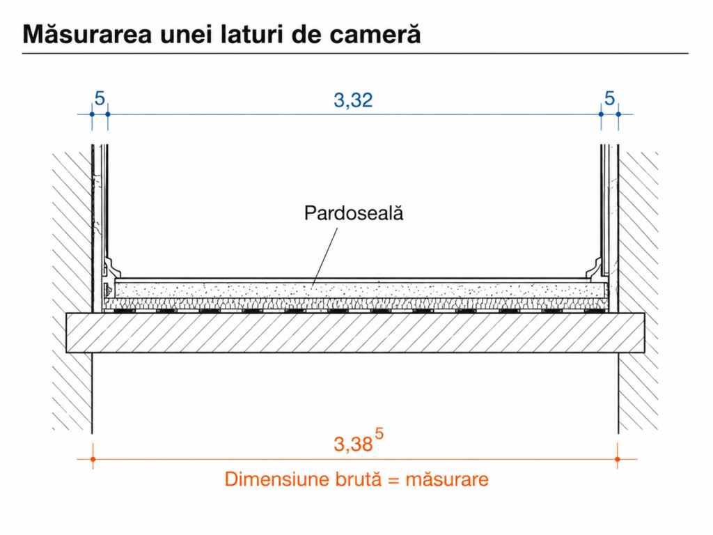 Diagramă despre măsurarea unei laturi de cameră pentru lucrări de pardoseli, cu dimensiuni brute, măsurare până la șină și sensul de notare al măsurilor.
