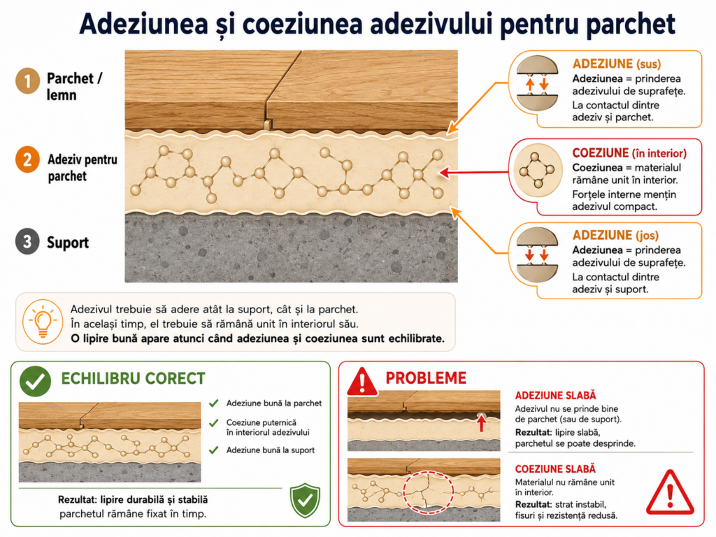 Infografic despre adeziunea în pardoseli, explicând cum adezivul pentru parchet se prinde de lemn și suport, prin echilibrul dintre adeziune, coeziune și umectare corectă.