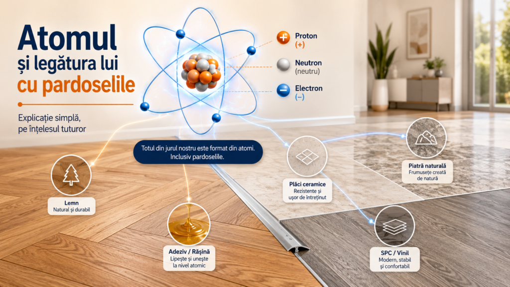 Infografic despre atom și legătura lui cu pardoselile, cu explicații despre protoni, neutroni, electroni și exemple de materiale precum lemn, plăci ceramice, piatră naturală, SPC și adeziv.