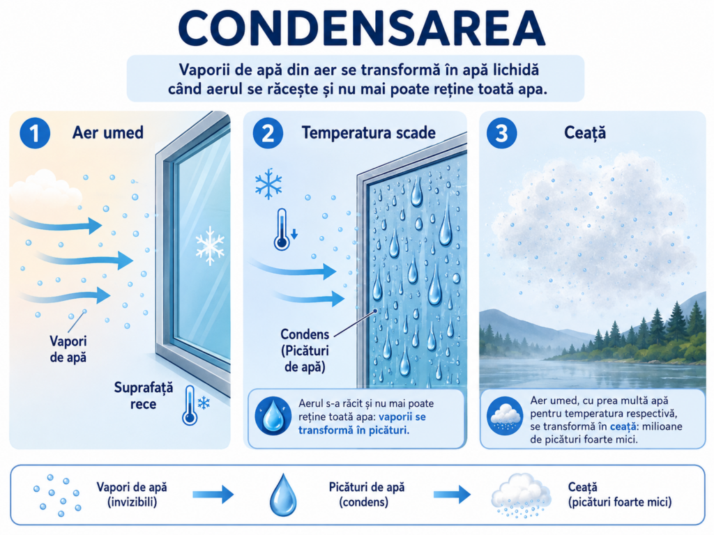 Infografic explicativ despre condensare și ceață, care arată cum vaporii de apă din aer se transformă în picături atunci când intră în contact cu o suprafață rece sau când aerul se răcește.