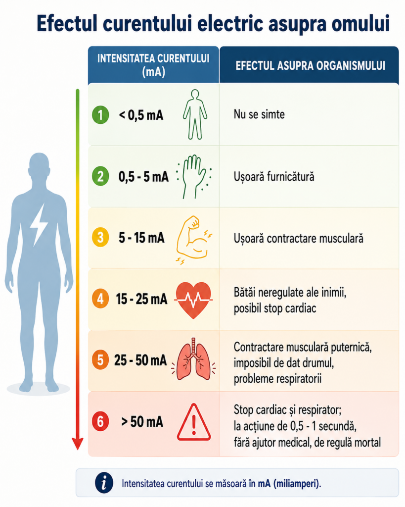 Infografic despre efectele curentului electric asupra corpului uman, prezentând intensitatea curentului în miliamperi și reacțiile organismului, de la furnicătură ușoară până la stop cardiac și respirator.