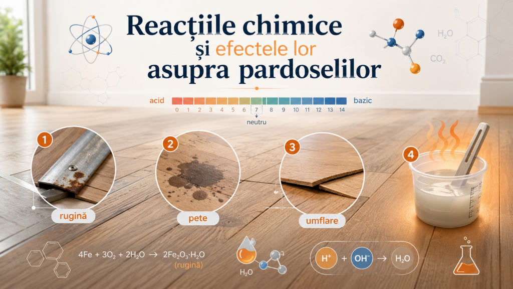 Infografic despre reacțiile chimice și efectele lor asupra pardoselilor: rugină, pete, umflare și reacții ale substanțelor pe podea.