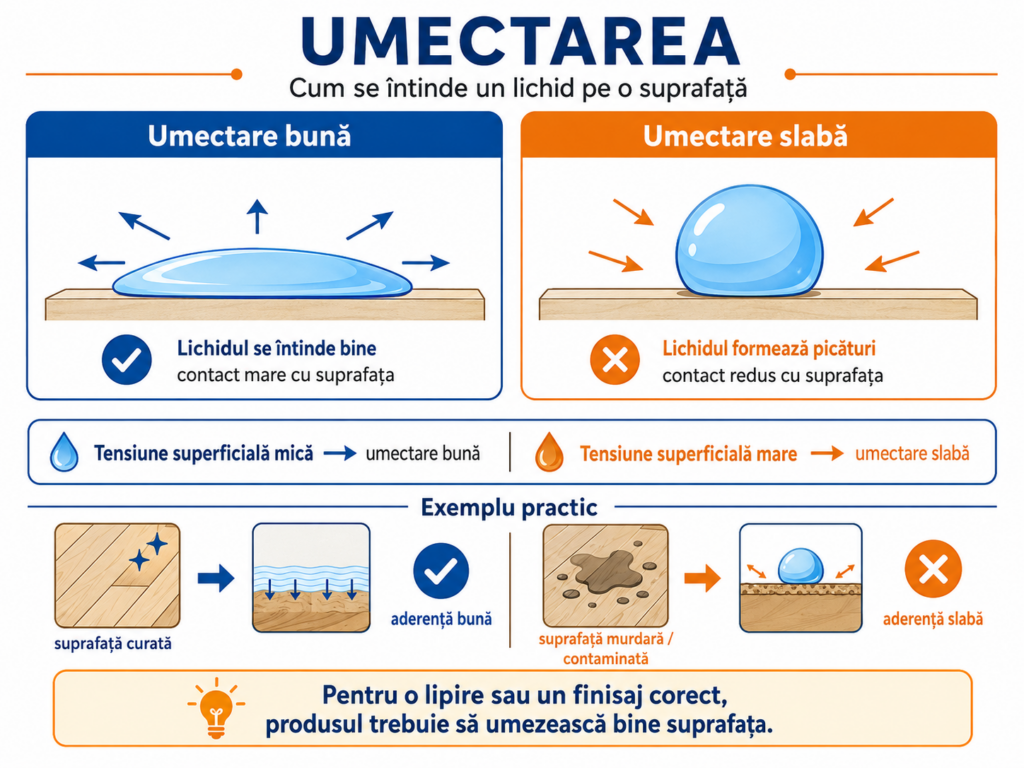 Infografic despre umectarea suprafețelor, comparând umectarea bună și umectarea slabă și explicând legătura dintre tensiunea superficială, aderență, adezivi și lacuri pentru pardoseli.