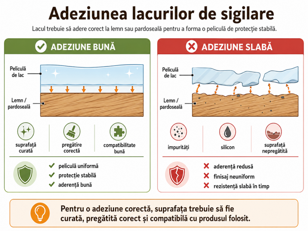 Infografic despre adeziunea lacurilor de sigilare, comparând adeziunea bună și adeziunea slabă pe lemn sau pardoseală și arătând efectele unei suprafețe curate sau contaminate.