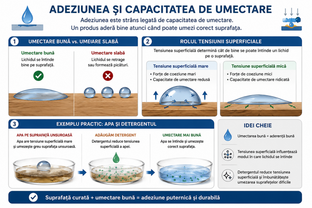 Infografic despre adeziune și capacitatea de umectare, explicând cum tensiunea superficială influențează întinderea unui lichid pe suprafață și formarea aderenței corecte.