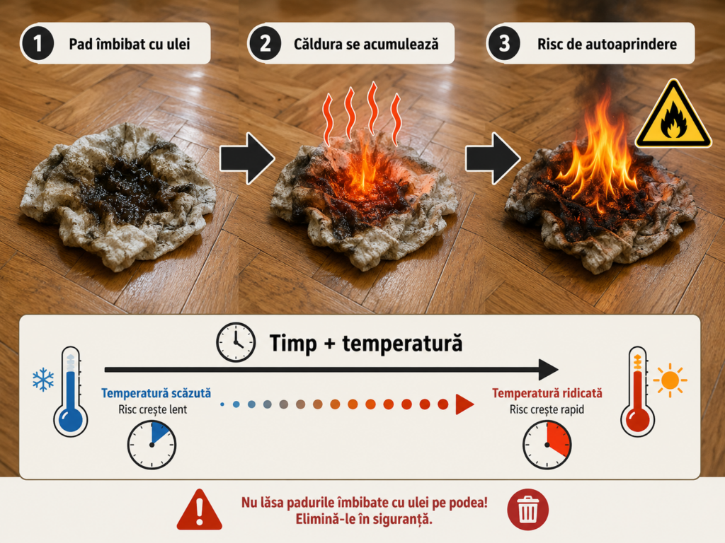 Infografic despre riscul de autoaprindere al unui pad îmbibat cu ulei lăsat pe parchet, care arată acumularea căldurii și creșterea pericolului în funcție de timp și temperatură.