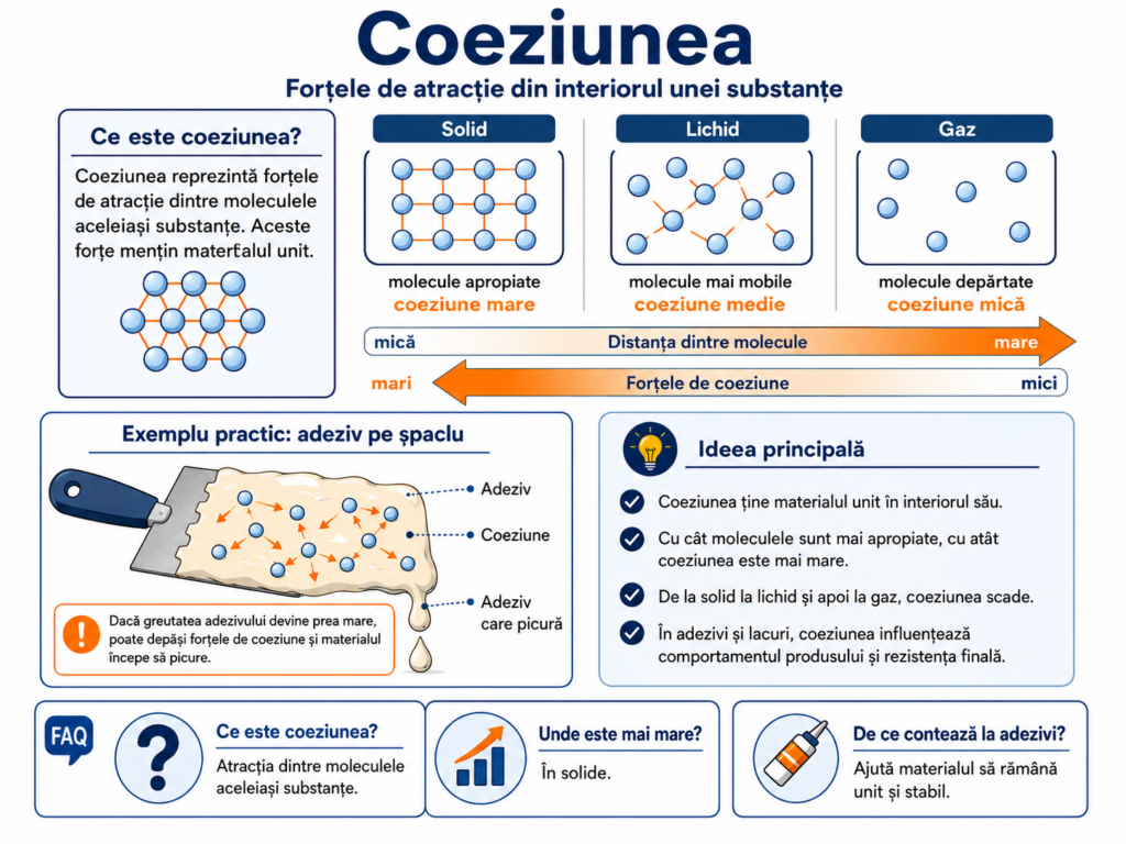 Infografic educativ despre coeziune, forțele de atracție dintre moleculele aceleiași substanțe și rolul coeziunii în comportamentul adezivilor și lacurilor pentru parchet.