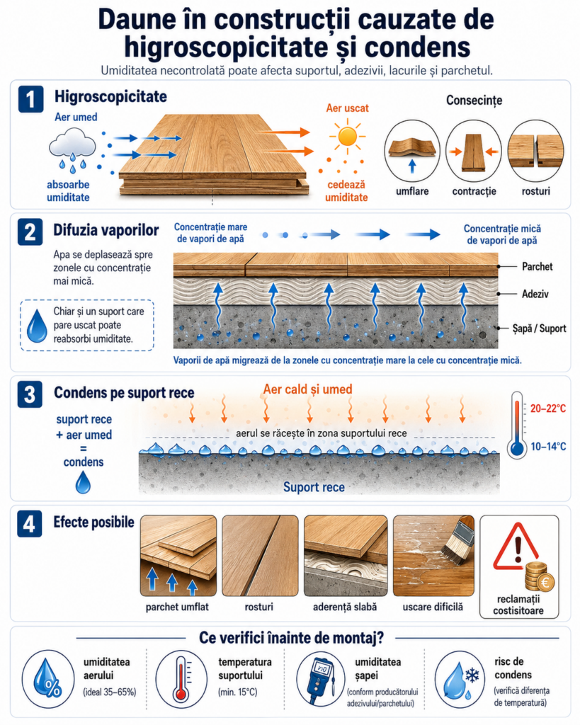 Infografic despre daunele în construcții cauzate de higroscopicitate, difuzia vaporilor de apă și condens, cu exemple de efecte asupra parchetului, adezivilor, lacurilor și suportului.