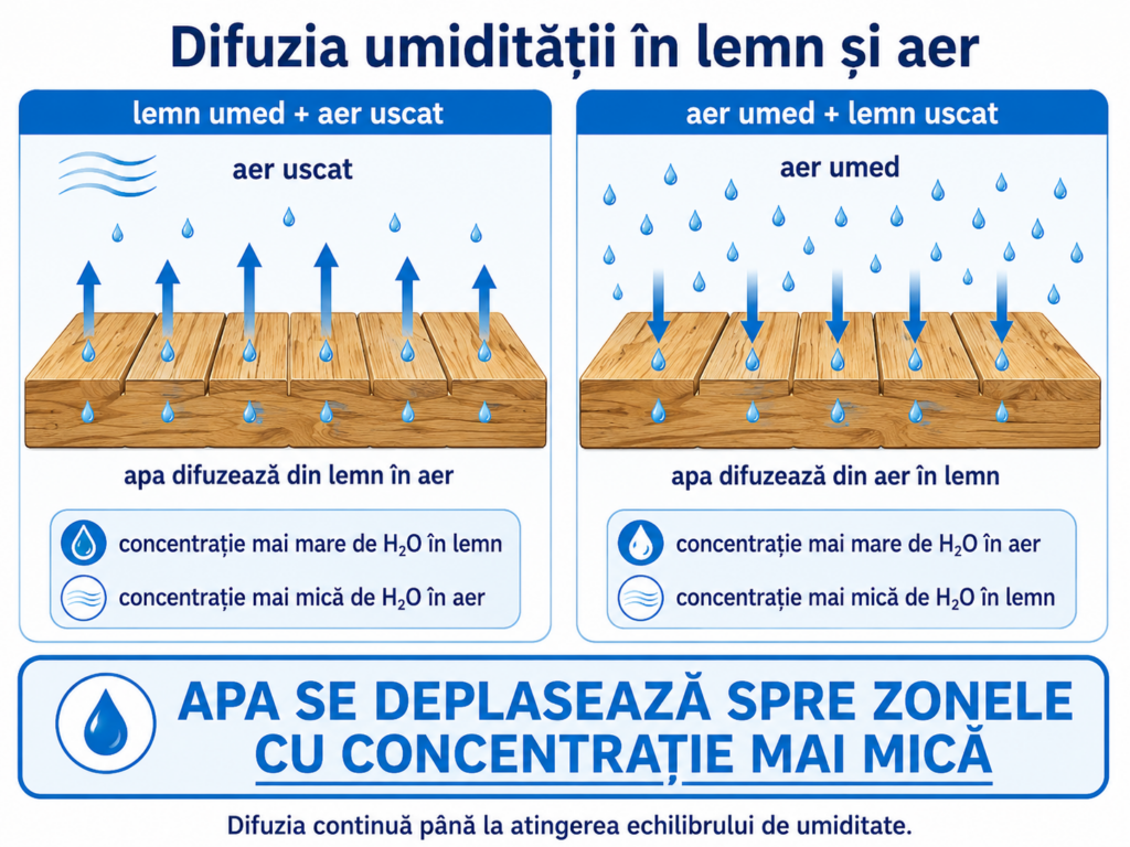 Infografic despre difuzia umidității între lemn și aer, care arată că apa se deplasează întotdeauna spre zonele cu concentrație mai mică până la atingerea echilibrului.