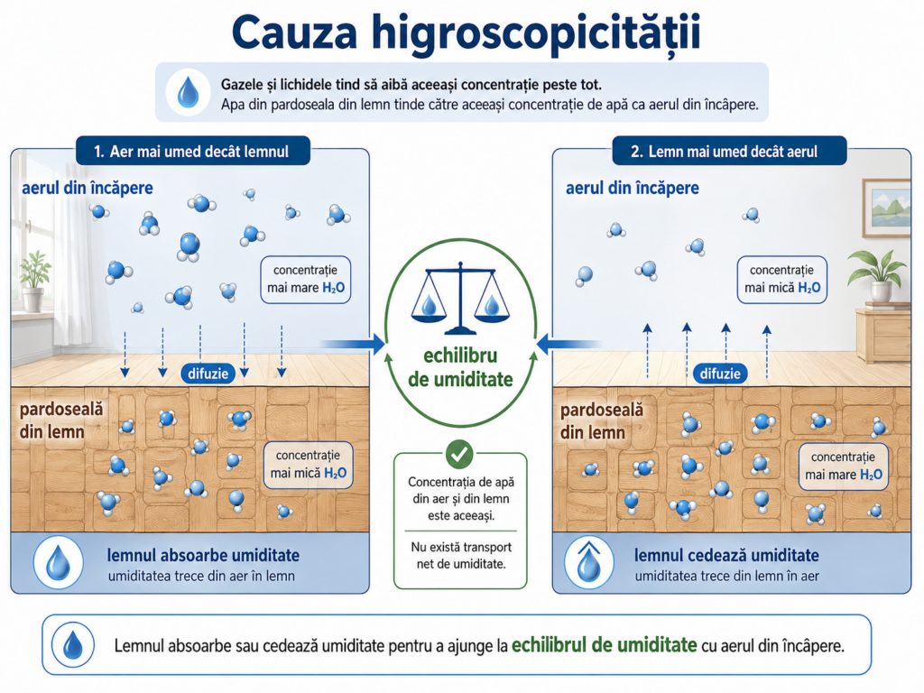 Infografic despre cauza higroscopicității lemnului, explicând cum pardoseala din lemn absoarbe sau cedează umiditate pentru a ajunge la echilibru cu aerul din încăpere.