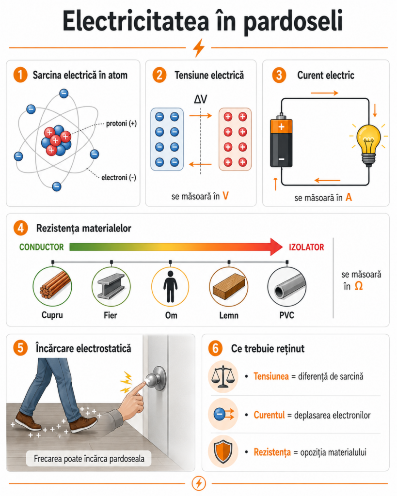 Infografic despre electricitatea în pardoseli, explicând sarcina electrică în atom, tensiunea electrică, curentul electric, rezistența materialelor și încărcarea electrostatică produsă prin frecare.