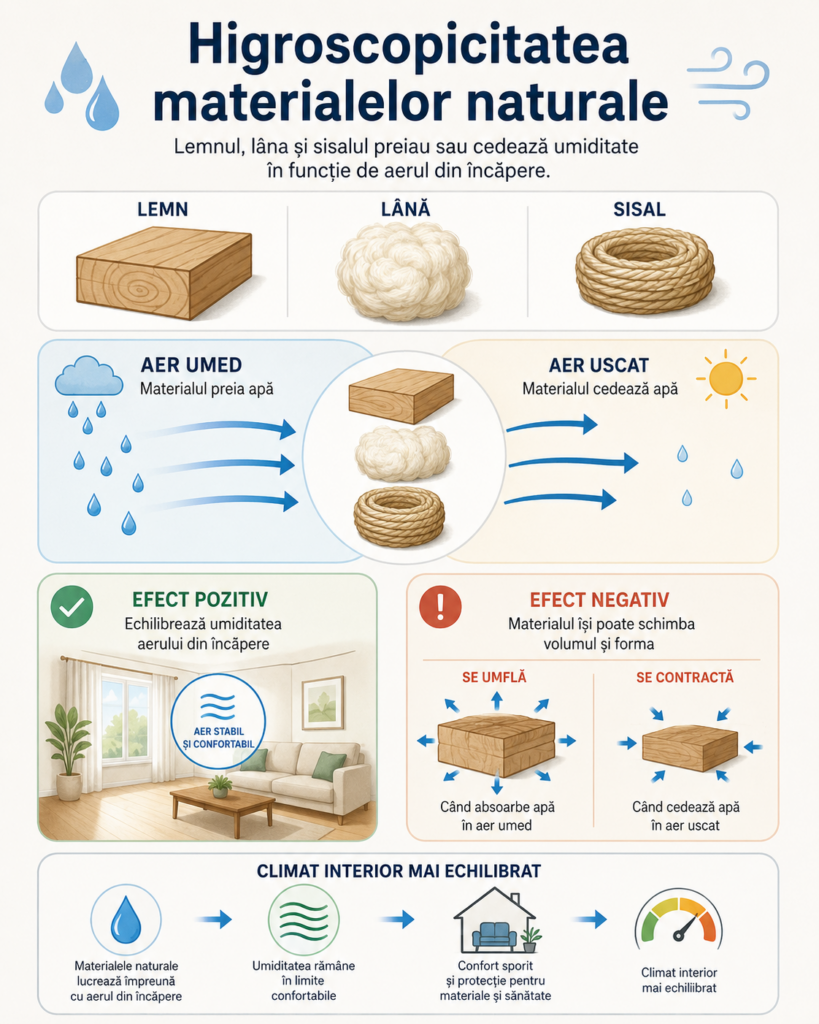 Infografic despre higroscopicitatea materialelor naturale, explicând cum lemnul, lâna și sisalul absorb sau cedează umiditate în funcție de aerul din încăpere.