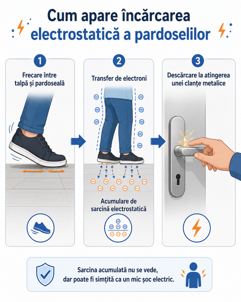 Infografic despre încărcarea electrostatică a pardoselilor, care arată cum frecarea dintre talpa pantofului și suprafață produce transfer de electroni, acumulare de sarcină și descărcare la atingerea unei clanțe metalice.