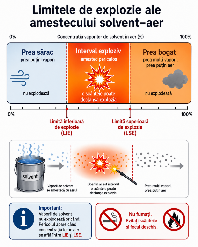 Infografic despre limitele de explozie ale amestecurilor solvent-aer, care explică diferența dintre amestec prea sărac, interval exploziv și amestec prea bogat în vapori de solvent.