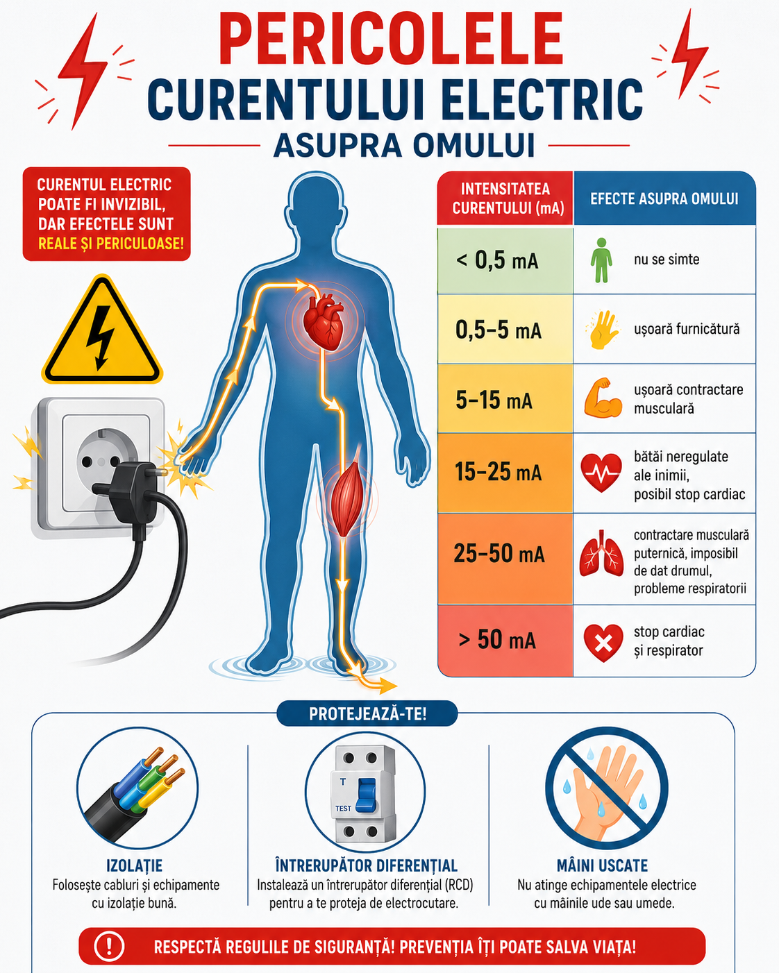 Infografic despre pericolele curentului electric asupra corpului uman, cu exemple de efecte în funcție de intensitatea curentului și măsuri de protecție în instalațiile electrice.