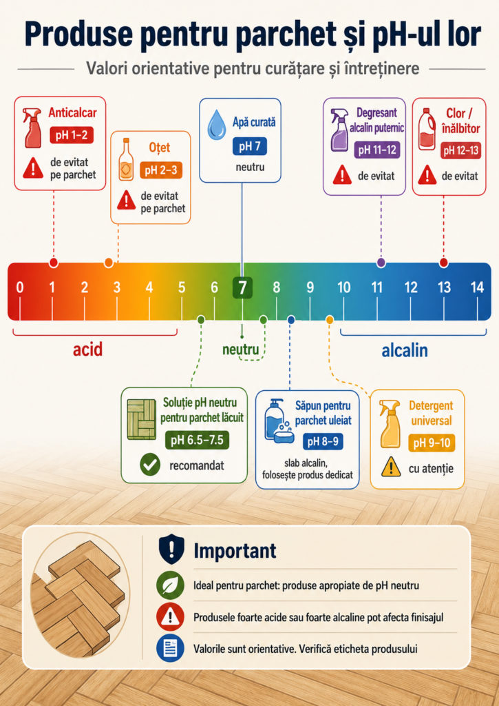 Infografic despre produsele pentru parchet și valorile lor pH, cu exemple precum apă curată, soluție pH neutru pentru parchet lăcuit, săpun pentru parchet uleiat, detergent universal, oțet, anticalcar, degresant alcalin și clor.