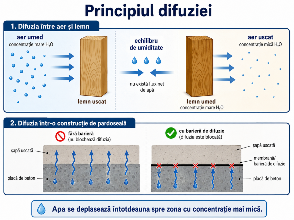 infografic despre cauza higroscopicității lemnului, care arată schimbul de umiditate dintre pardoseala din lemn și aerul din încăpere până la atingerea echilibrului.