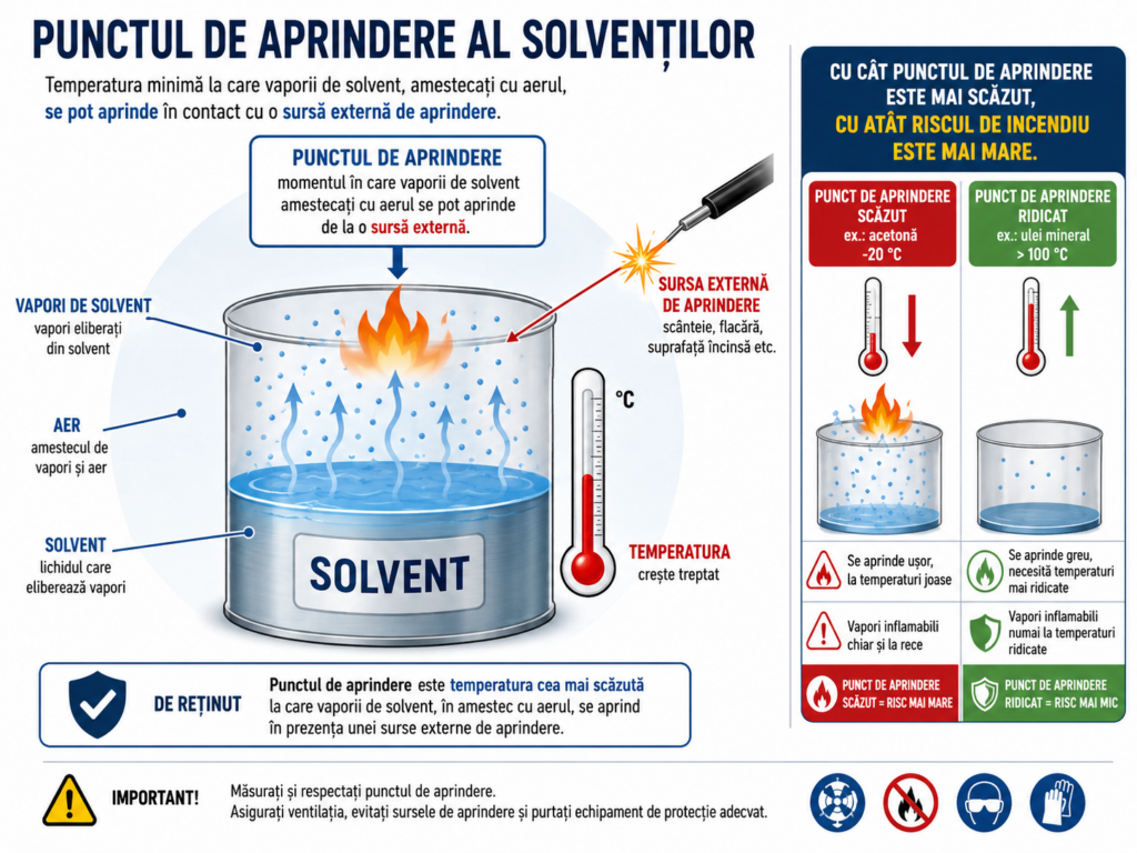 Infografic despre punctul de aprindere al solvenților, care explică temperatura minimă la care vaporii de solvent pot forma cu aerul un amestec inflamabil în prezența unei surse externe de aprindere.