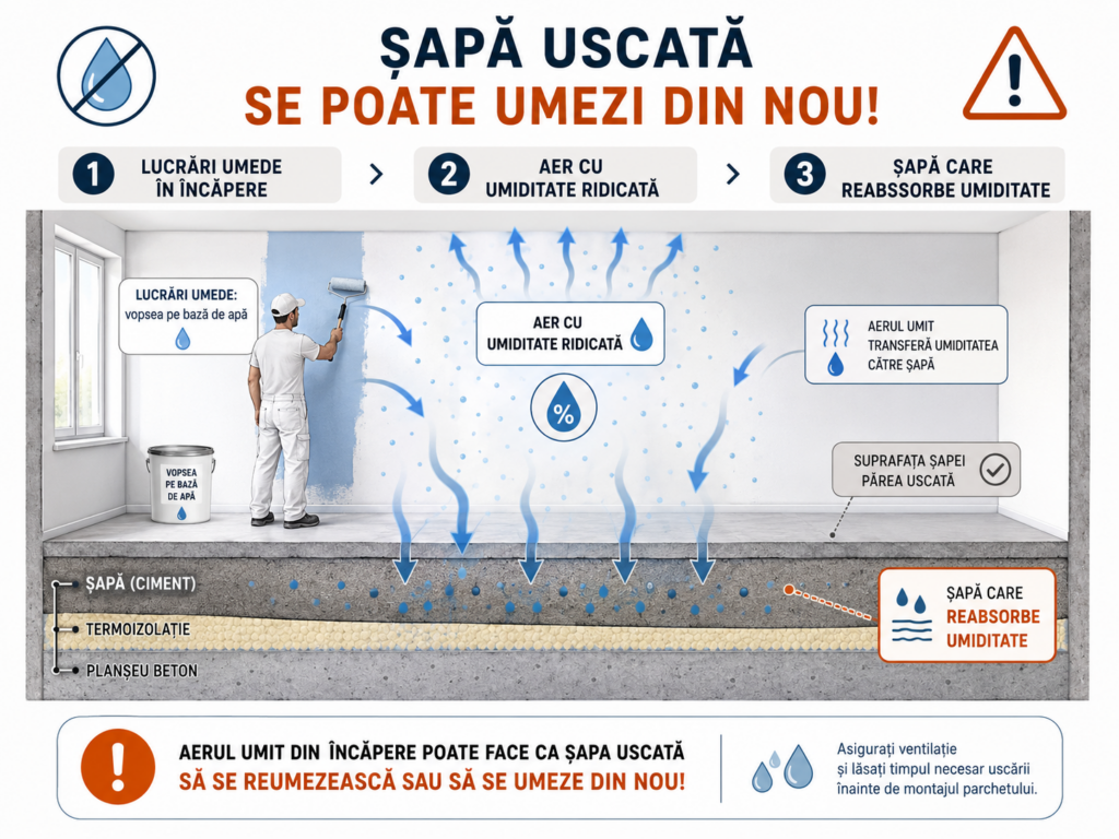 Infografic care explică modul în care o șapă uscată poate reabsorbi umiditate din aerul încăperii în timpul lucrărilor umede, cum ar fi zugrăvirea.
