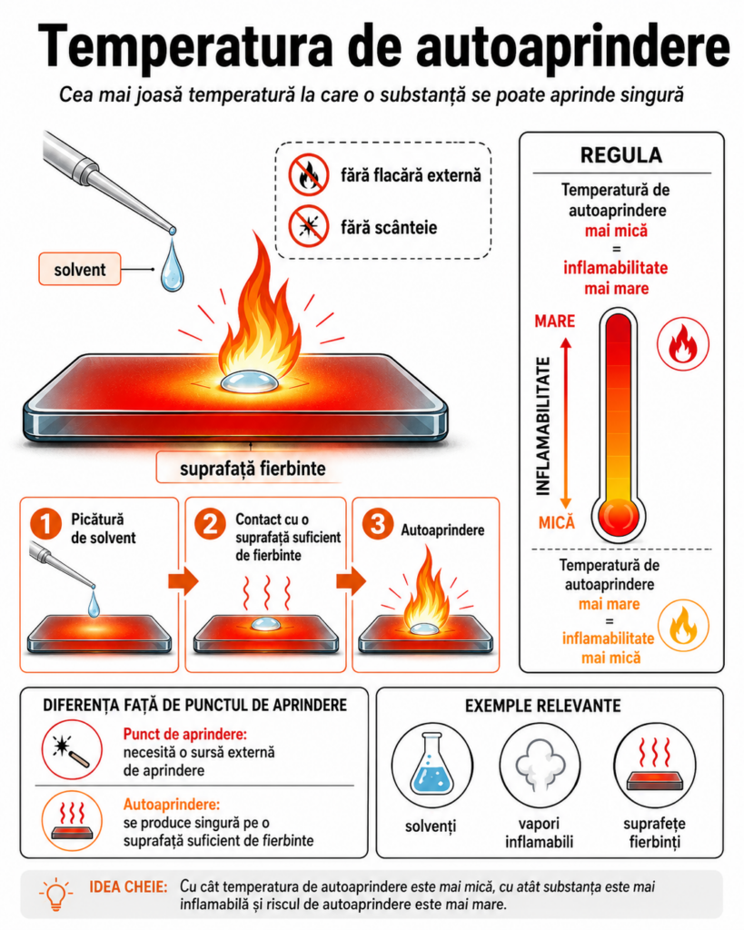 Infografic educativ despre temperatura de autoaprindere, care explică modul în care un solvent se poate aprinde singur pe o suprafață fierbinte și arată legătura dintre temperatura de autoaprindere și gradul de inflamabilitate.