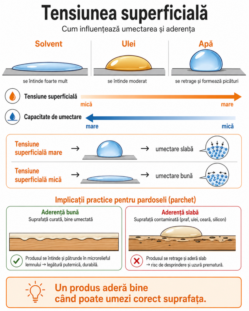 Infografic despre tensiunea superficială și influența ei asupra umectării și aderenței produselor aplicate pe pardoseli, precum adezivi și lacuri pentru parchet.