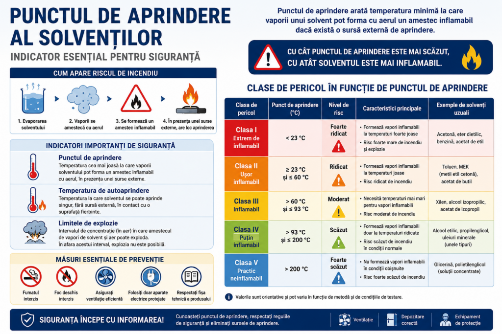 Infografic despre punctul de aprindere al solvenților și clasele de pericol, cu tabel comparativ al nivelurilor de inflamabilitate, riscului de incendiu și măsurilor de siguranță.