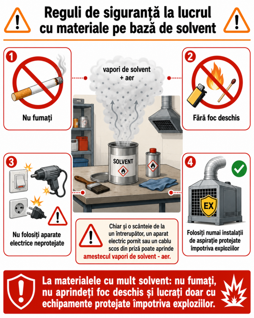 Infografic cu reguli de lucru pentru produse pe bază de solvent, evidențiind riscul vaporilor inflamabili, interzicerea fumatului, evitarea flăcărilor și utilizarea echipamentelor adecvate.